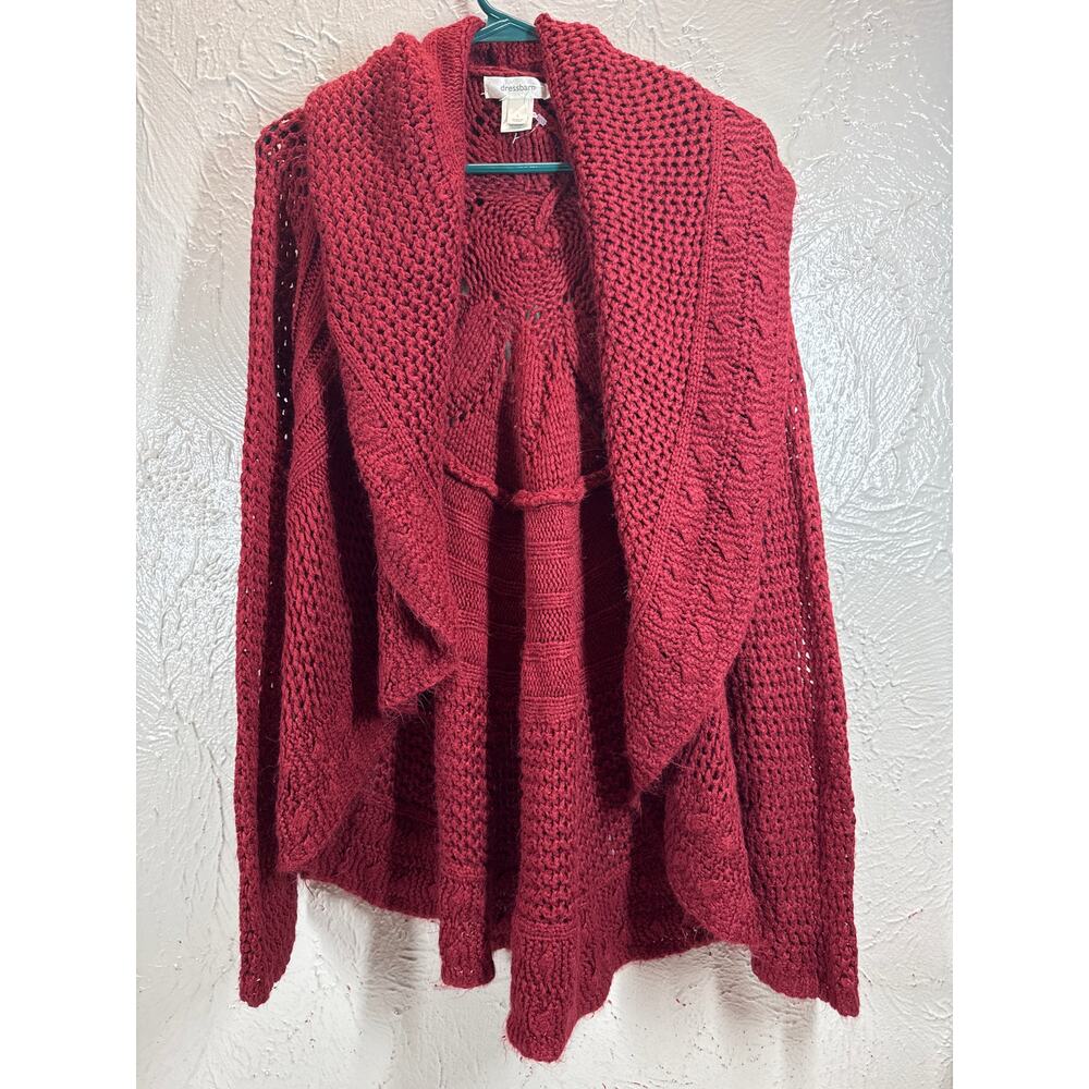Dressbarn Cardigan Womens Burgundy Knit Crochet Open Front Sweater Size Large